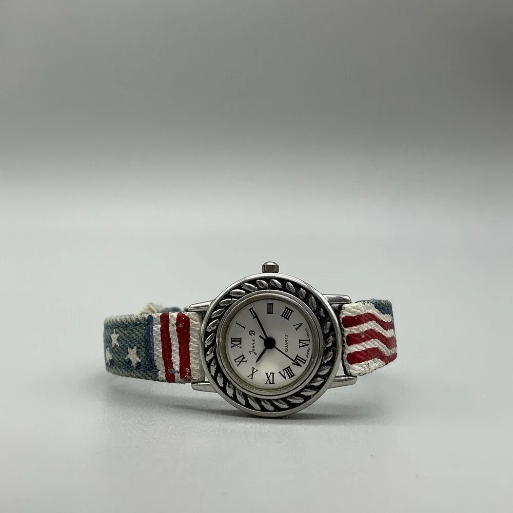 Jennie B Womens Watch 24mm Silver Tone Denim USA Flag Band New Battery